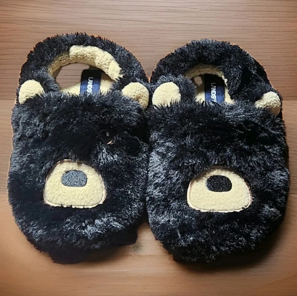 Lands’ End Black Bear Slippers Toddler Size 9 NWOT Plush Animal House Shoes
